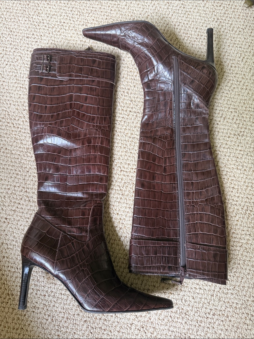 Lauren Ralph Lauren Brown Croc-Embossed Pointed-Toe Knee Boots